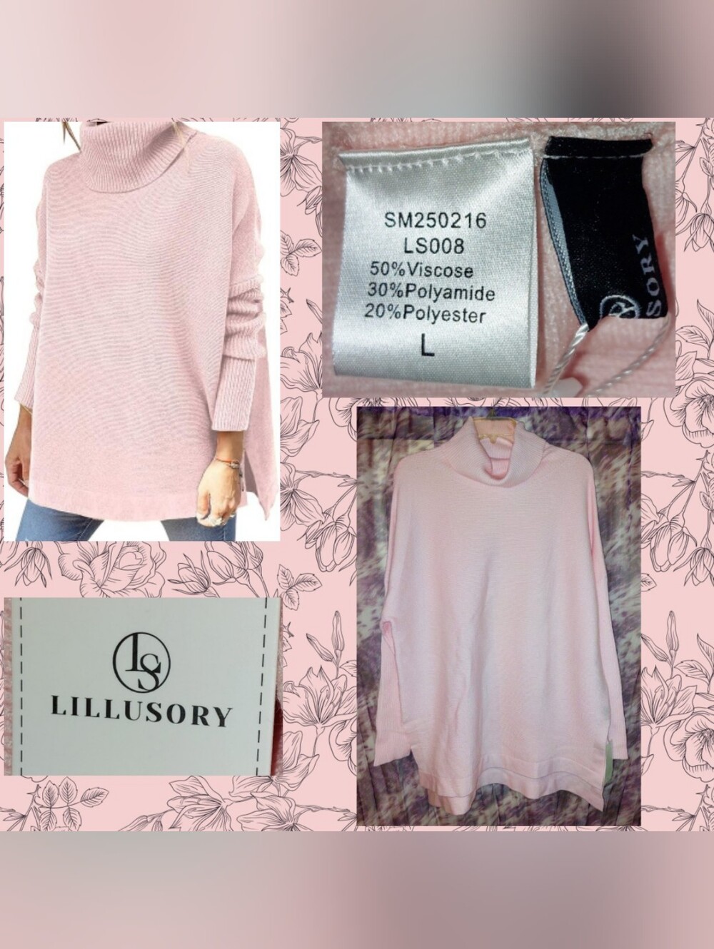Lillusory brand Pink Oversized L/S Ribbed Knit Tunic Turtleneck Sweater Sz Large